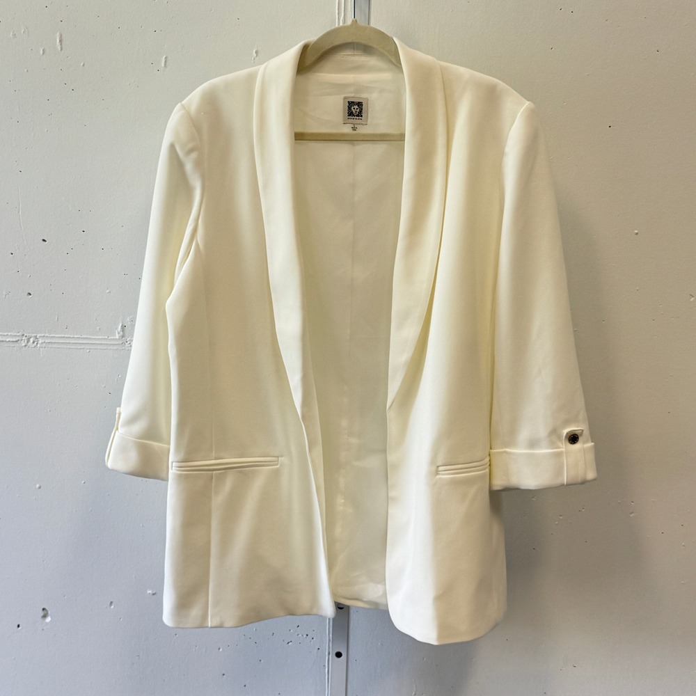 Anne Klein Ivory White 3/4 Sleeve Shawl‎ Collar Open Front Blazer Jacket Large